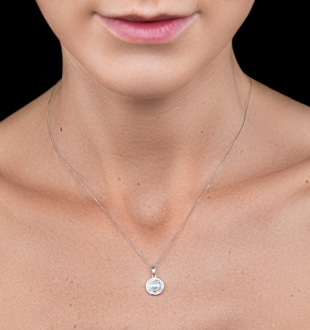 Pearl and Diamond Halo Stellato Pendant Necklace in 9K White Gold